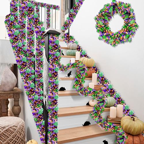 Halloween Spider Web Tinsel Garlands Set - 4 Pieces, 26.4 FT Total, Black Orange Purple Green Fringe Decorations