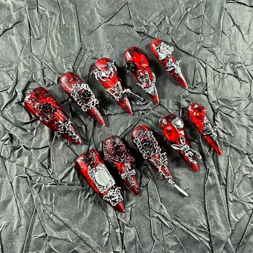 Dark Gothic Style Handmade Press On Nails Bloody Mary - Size L, 10Pcs