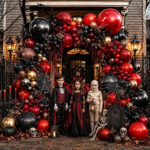 Halloween Balloon Arch Kit Double Stuffed Dark Red Burgundy Black Balloons - Variation of Red Black Gold