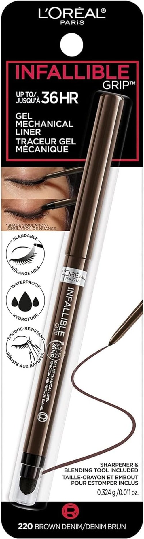 L'Oreal Paris Infallible Grip Gel Eyeliner Pencil - Waterproof, Smudge-Resistant, 36HR Wear, Brown Denim, 0.01 Oz