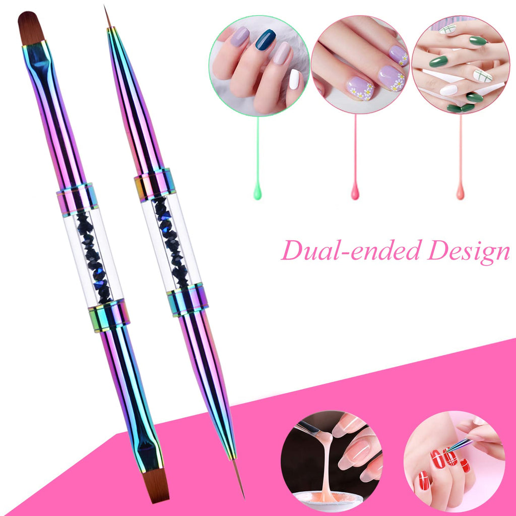 Ycyan 2Pcs Dual-ended UV Builder Gel Nail Brush Set Rhinestone Handle Nail Art Liner Brush Polygel Hard Gel Nail Brushes
