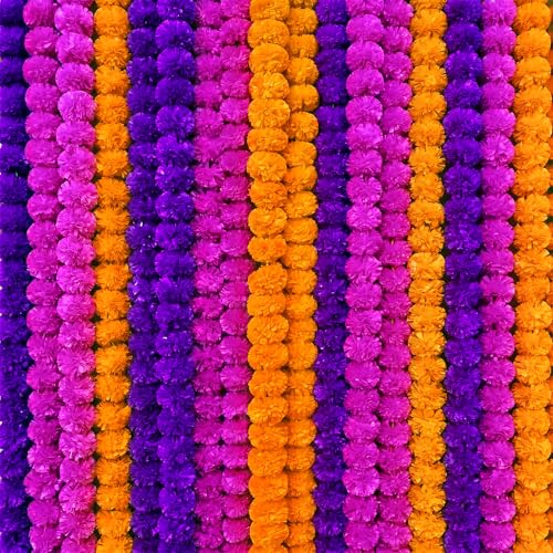 Artificial Marigold Garland 15 Pack - Orange, Dark Purple, Violet 5ft for Party Decor