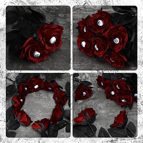 Halloween Artificial Roses Bouquet with Eyeball - 20 Pcs Creepy Floral Decorations, Red