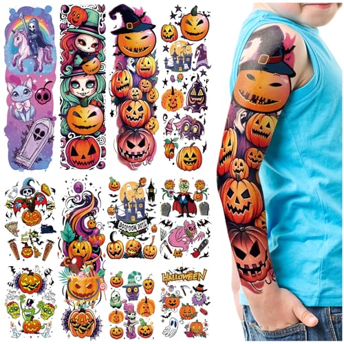 Halloween Temporary Tattoos for Kids - Full Arm Sleeve Pumpkin Design, 52 Sheets, Water-Resistant Fun