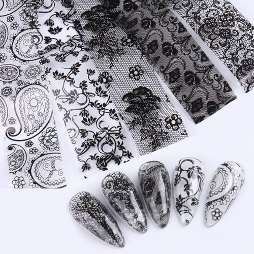 Black & White Lace Nail Art Foil Transfer Sheets - 10 Rolls for Manicure & DIY Crafts