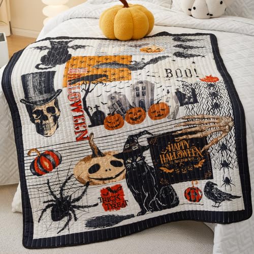 Halloween Throw Blanket Black Cat Pumpkin Spider Skull 50x60 Reversible Decor