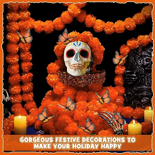 Artificial Marigold Garland Set with Butterflies - 5 ft Day of the Dead Decoration for Weddings & Parties