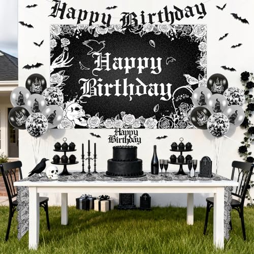 Gothic Birthday Decorations Kit with Backdrop Banner Skull Skeleton Bat Wall Decals