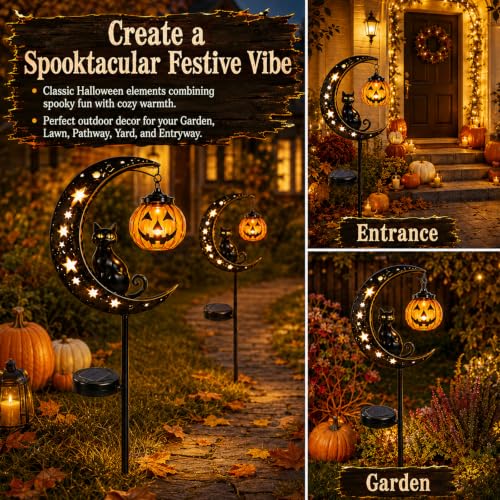 Solar Halloween Black Cat & Pumpkin Garden Stake Light Outdoor Decor