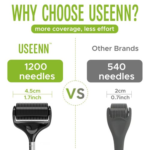 USEENN Ultra Wide Titanium Derma Roller for Face Hair Beard Scalp Skin Body Metal Handle 1200 Microneedling roller for Women and Men 0.25mm