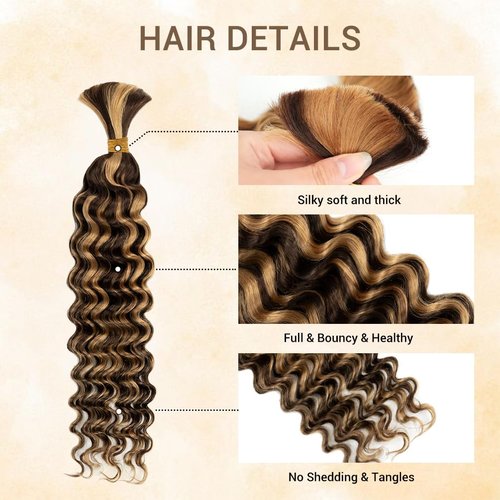 Human Braiding Hair for Boho Knotless Braids 1 Bundle 18 Inches 50g Deep Wave Bulk Human Hair for Braiding Hair Wet and Wavy 10A Brazilian Virgin Human Hair Balayage Brown to Blonde 4P27