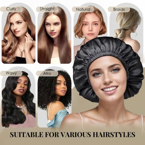 VECIIR Satin Bonnet Silk Bonnet for Sleeping Women and Men, Ajustable Hair Bonnet for Curly Hair with Double Layer Hair Bonnet,Black - Black,Medium
