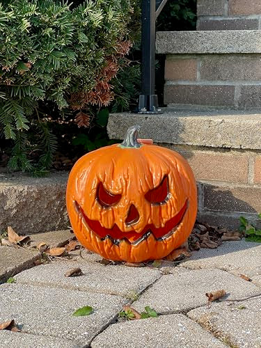 Eerie Light Up Pumpkin Decoration - 10 Inch Halloween Jack O' Lantern - Indoor & Outdoor Use