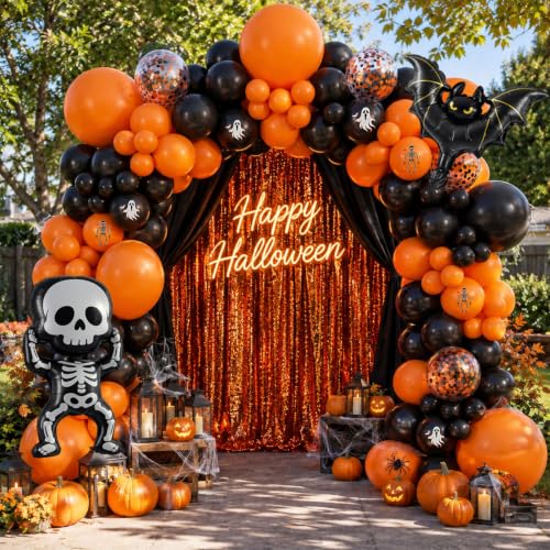 Halloween Balloon Arch Kit with Bat & Skeleton Foil Balloons - Orange Black Variation