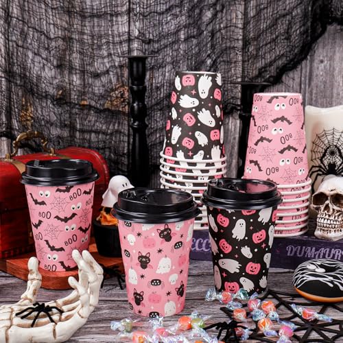 Pink Halloween Disposable Coffee Cups with Lids - 12oz Ghost Bat Pumpkin Set, 72 Pack