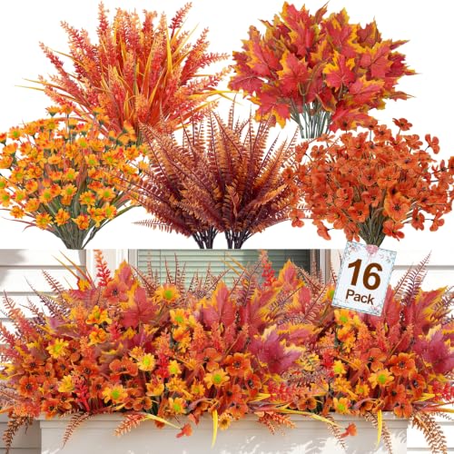 Artificial Fall Flowers Bundle with 5 Styles for Outdoor & Indoor Decor - Orange Red