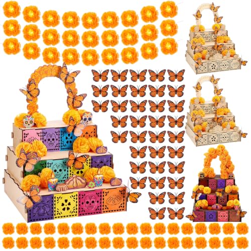 Dia de Los Muertos Ofrenda Wooden Box Set - 102 Pcs with Marigold Garland & Butterflies - Fresh Variation