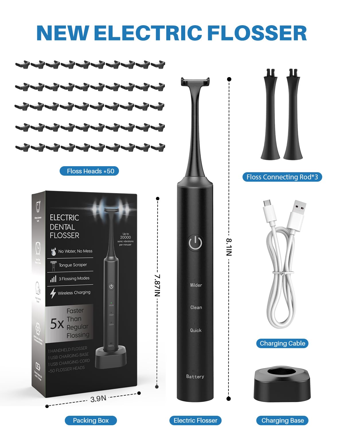 Voraiya Electric Flosser for Teeth, Reusable Dental Floss with 50 Replacement Heads,Dentist Recommended Tooth Flossers,Water Flosser Alternative,Rechargeable Dental Floss Picks for Adults,Travel