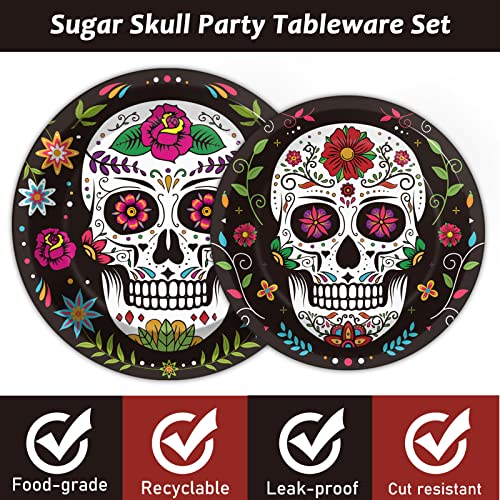 Day of the Dead Party Supplies Set - Skull Tablecloth Plates Napkins & Cutlery - Mexican Fiesta Halloween Birthday Decor