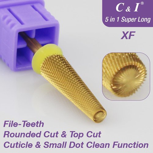 C&I 5 in 1 Nail Drill Bit Super Long Slim Efile Professional Nail Bits Nail Tech Must Have for Extension Nails Acrylic Powder Hard Gel Nail Tip Cuticle Remover Nail Supplies (Double Fine -XXF)