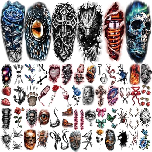 3D Realistic Temporary Tattoos Set for Adults & Kids - Skull, Lion, Tiger, Wolf, Dragon, Spider, Snake, Halloween & Party Designs - Variation: 3D