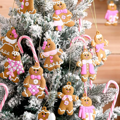 Pink Gingerbread Man & Candy Cane Christmas Ornaments Set - Holiday Decor