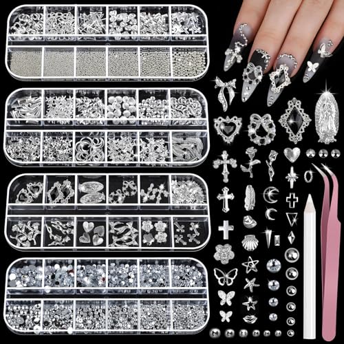 Teenitor Silver Nail Charms & Gems Kit - 4 Boxes Nail Art Accessories