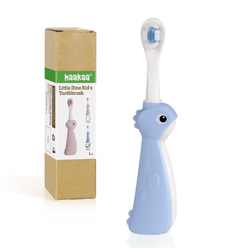 haakaa Dinosaur Toothbrush for Kids 2-4 – Soft Bristles Baby Toothbrush for Toddlers with Silicone Handle, Non-Slip Grip & Tongue Cleaner, BPA Free - Blue, 1 Count