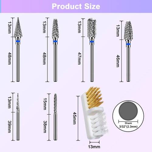 CGBE Nail Drill Bits, 6 Piece Nail Drill Bit Grinding Heads Carbide Machine Accessories for Manicure Remove Acrylic or Hard Gel Polygel, 3/32 Inch Professional Bits for Nail Cutter - Medium