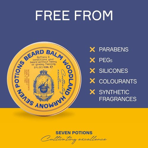 Seven Potions Beard Balm - 100% Natural Softener with Jojoba Oil | Nourishes, Softens & Stops Itch (2 oz, Woodland Harmony)