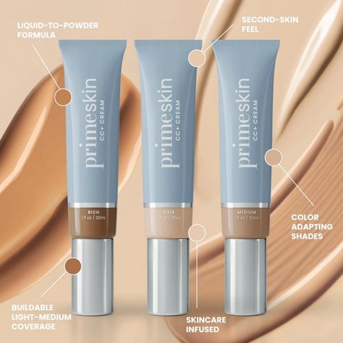 Prime Prometics PrimeSkin CC+ Cream - Lightweight Liquid-to-Powder Foundation for Mature Skin | Blurs Pores & Covers Age Spots (Fair)