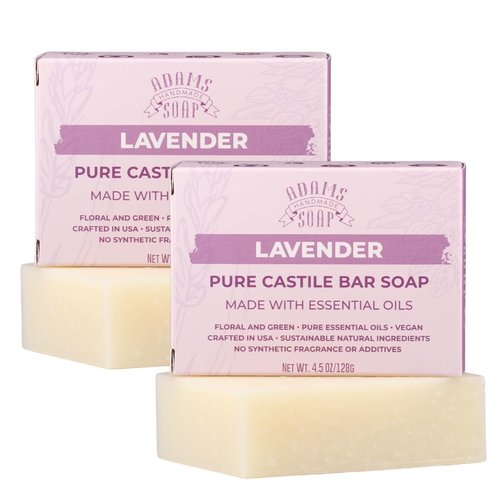 Adams Handmade Soap Lavender Pure Castile Bar Soap – 4.5 oz | Vegan, Cold Process, Essential Oils, 84% Organic, Fair Trade, No Additives, USA Made