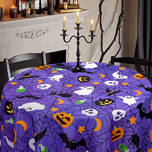 Halloween Purple Spider Web Tablecloth - Round 60 Inch Waterproof Decor