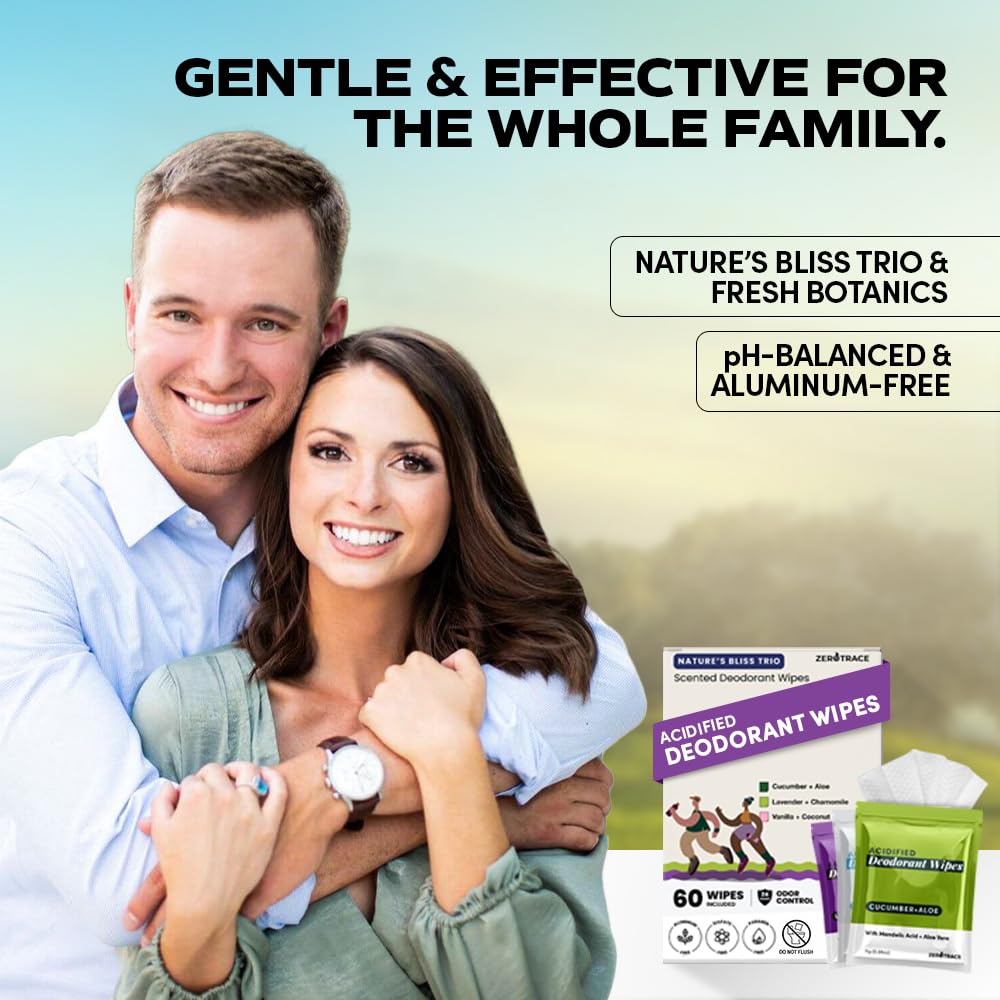 Zero Trace Travel Deodorant Wipes - 60 Count- 24 Hour Odor Control - Aluminum Free Hypoallergenic Mini Deodorant For Women and Men - Individually Wrapped Underarm & Body Wipes- Nature Bliss Trio