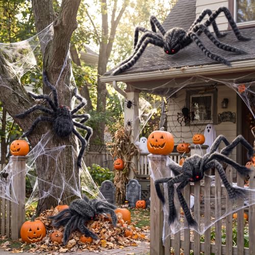 Halloween Spider Decorations Set - Black & White, 4 Pcs with Various Sizes - Creepy Indoor & Outdoor Decor