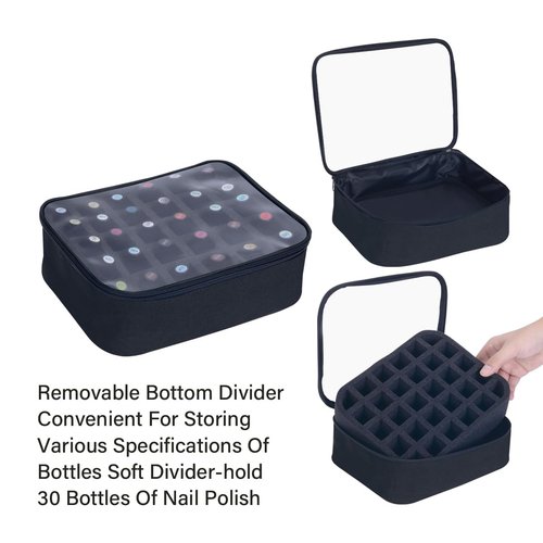 UOZL Small Clear Nail Polish Organizer Holds 30 bottles(15ml-0.5fl.oz) Nail Polish Case Multifunctional Nail Polish Bag organizer, Cosmetic Travel Makeup Cases for Women Black