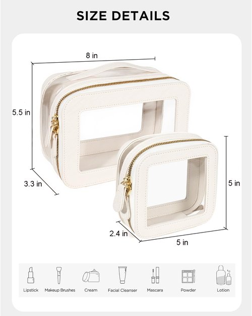 Clear Makeup Bag Set, Small Portable Clear Makeup Bag Cute Waterproof Travel Cosmetic Bag Makeup Pouch TSA Approved Toiletry Bag Women Traveling Car Organizer Car Essentials (White, Standard + Mini)