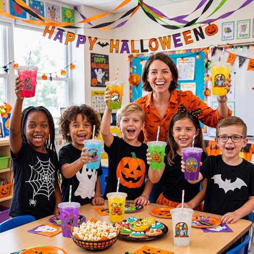 48 Pack Summer Halloween Plastic Cups with Lids & Straws - 16 oz Disposable Party Set
