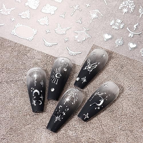 Silver Metallic Nail Stickers - 8 Sheets for DIY Art & Design, Moon Sun Stars Butterfly