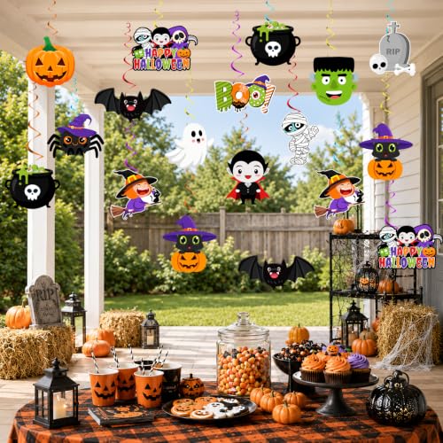 Halloween Hanging Decorations 26 Pack - Ghost, Pumpkin, Bat, Wreath & Spooky Swirls