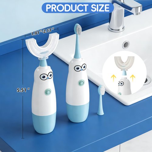 Hikid Kids Electric Toothbrush，360-Degree Sonic Vibration, IPX7 Waterproof,Toddler U Shaped Toothbrush with 2 Soft Brush Head,Cute Owl Design Baby Toothbrush for Ages 8–13（Blue）