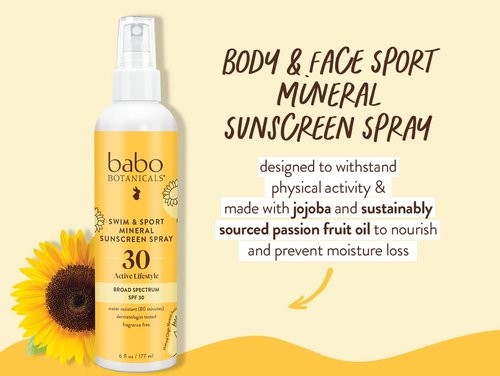 Babo Botanicals Mineral Sunscreen Spray SPF 30 - Natural Zinc Oxide for Face & Body - Water Resistant, Fragrance-Free