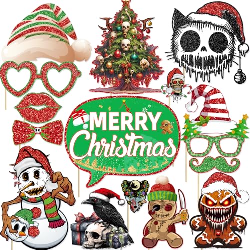 Halloween Christmas Photo Booth Props Set - 16 Gothic Holiday Decorations