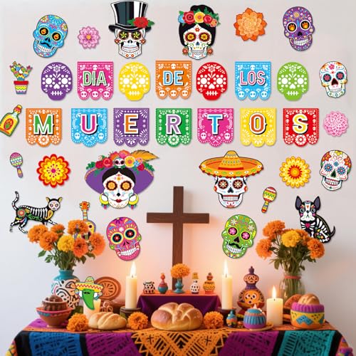 Day of the Dead Decorations Set with Sugar Skulls & Banner for Mexican Celebrations