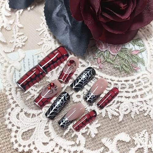 BABALAL Gothic Press on Nails Set - Black & Red Spider Web Halloween Variation BNO311