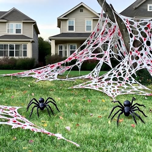 236x39 Inch Bloody Halloween Spider Web Netting - 680 Sq Ft Outdoor Decoration with Spiders & Bats