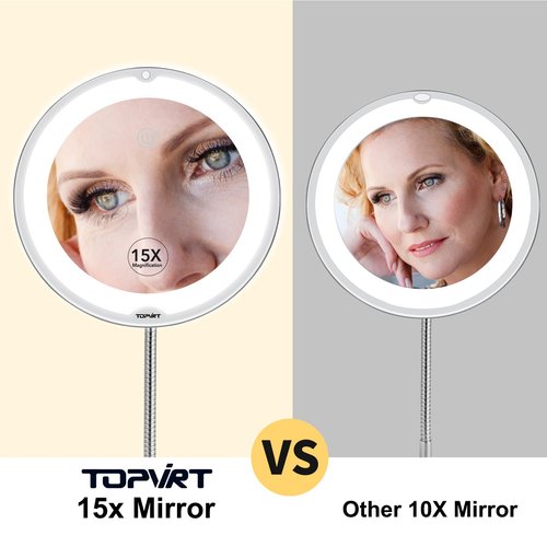 TOPVIRT Flexible 15X Magnifying Suction Mirror - Dimmable LED Vanity Mirror, Power Suction Cup, Portable for Home Bathroom - Ideal for Detailed Makeup Eyeshadow Eyeliner (Large)
