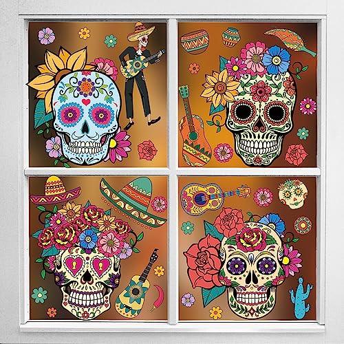 Day of the Dead Window Clings - Sugar Skull Halloween Decor - 9 Pcs