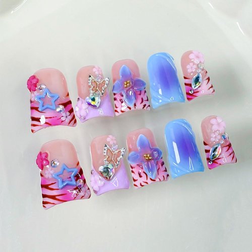 Thick Press on Nails Handmade Medium Duck Nails Pink Fake Nails 3D Flower Art False Nail with Gems Design Luxury Rhinestone Nature Reusable Acrylic Nail for Wome (Size M)
