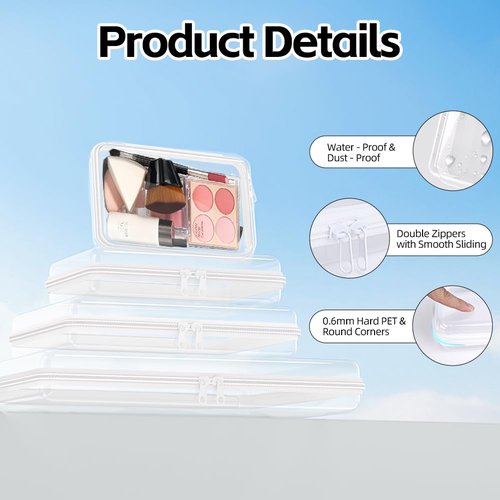 4Pcs Clear Hard Shell Zipper Case -Transparent Pouch Bag Storage Case Plastic Packing Cube Sided Organizer Container Box, Lightweight Foldable for Travel, Pencil, Cosmetics, Toiletry, Toy(SMLXL)